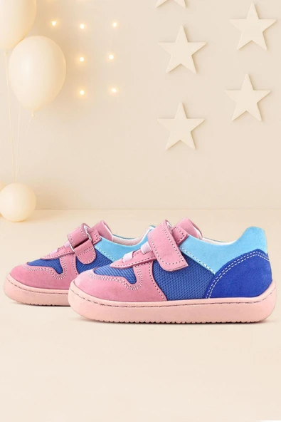 Rakerplus Bob Hakiki Deri Mavi Pembe Barefoot Cırtlı Lastikli Bebek Sneaker Ayakkabı ürün görseli 1