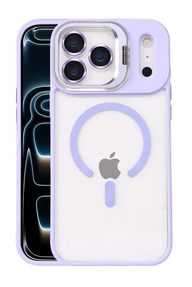 Fuchsia iPhone 17 Pro Max ile Uyumlu Remim Lensli Kablosuz Şarj Özellikli Standlı Kapak - Lila ürün görseli 1