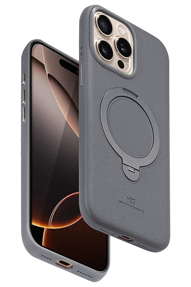 Fuchsia iPhone 14 Pro Max ile Uyumlu Vapor Deri Kablosuz Şarj Özellikli Standlı Kılıf - Titan Gri ürün görseli 1