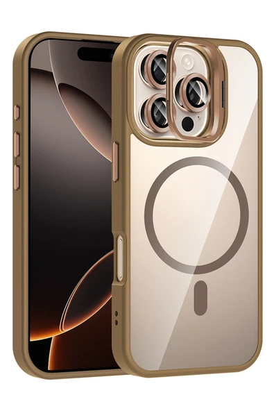 Fuchsia iPhone 16 Pro ile Uyumlu Remim Lensli Kablosuz Şarj Özellikli Standlı Kapak - Kahverengi ürün görseli 1