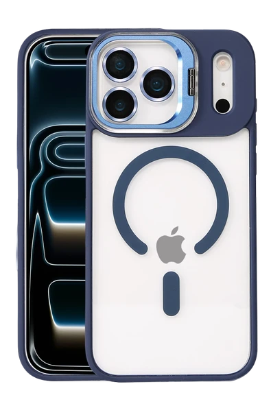 Fuchsia iPhone 17 Pro Max ile Uyumlu Remim Lensli Kablosuz Şarj Özellikli Standlı Kapak - Lacivert ürün görseli 1