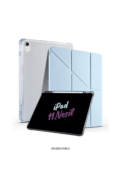 iPad 11. Nesil A16 2025 Uyumlu 11 inç Kalem Bölmeli Standlı Fuchsia Tri Folding Tablet Kılıfı ürün görseli 1