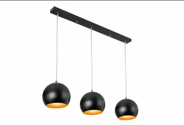 RİOLİGHT RETRO RUSTİK SİYAH İÇİ GOLD KÜRE 3XE27 DUY MASA ÜSTÜ SARKIT METAL AVİZE TABAN UZUNLUĞU:60CM ürün görseli 1
