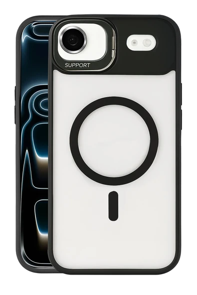 Fuchsia iPhone 17 Air ile Uyumlu Remim Lensli Kablosuz Şarj Özellikli Standlı Kapak - Siyah ürün görseli 1