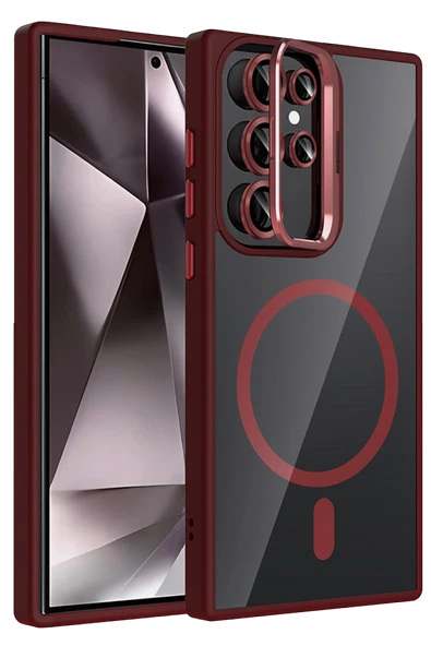 Fuchsia Samsung Galaxy S23 Ultra ile Uyumlu Remim Lensli Kablosuz Şarj Özellikli Standlı Kapak - Bordo ürün görseli 1