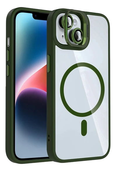 Fuchsia iPhone 13 ile Uyumlu Remim Lensli Kablosuz Şarj Özellikli Standlı Kapak - Koyu Yeşil ürün görseli 1