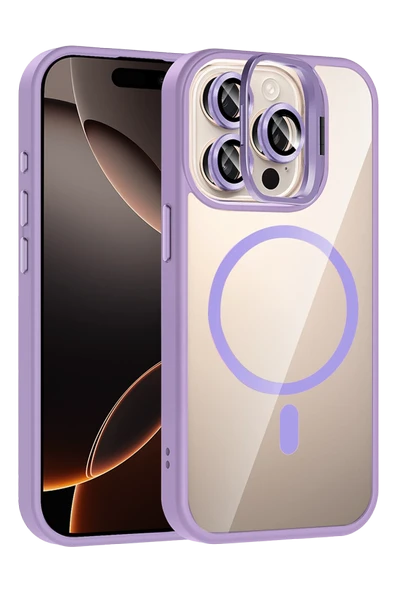 Fuchsia iPhone 14 Pro Max ile Uyumlu Remim Lensli Kablosuz Şarj Özellikli Standlı Kapak - Lila ürün görseli 1