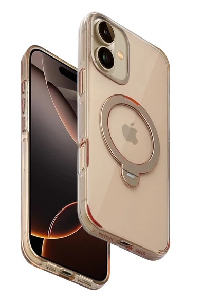 Fuchsia iPhone 16 ile Uyumlu HBC-338 Andes Kablosuz Şarj Özellikli Standlı Kapak - Gold ürün görseli 1