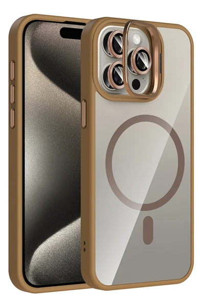 Fuchsia iPhone 15 Pro Max ile Uyumlu Remim Lensli Kablosuz Şarj Özellikli Standlı Kapak - Kahverengi ürün görseli 1
