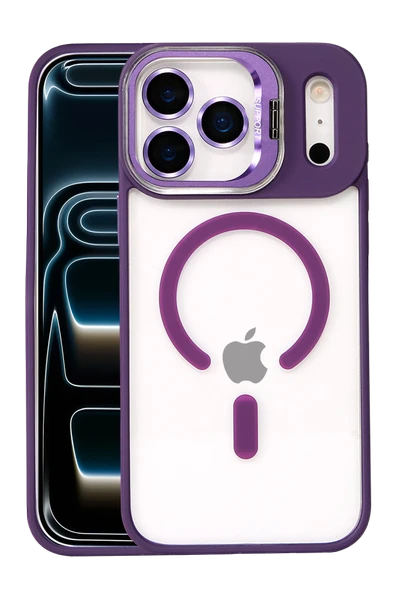 Fuchsia iPhone 17 Pro ile Uyumlu Remim Lensli Kablosuz Şarj Özellikli Standlı Kapak - Derin Mor ürün görseli 1