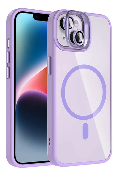 Fuchsia iPhone 14 ile Uyumlu Remim Lensli Kablosuz Şarj Özellikli Standlı Kapak - Lila ürün görseli 1