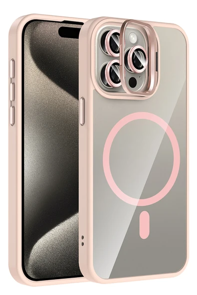 Fuchsia iPhone 15 Pro Max ile Uyumlu Remim Lensli Kablosuz Şarj Özellikli Standlı Kapak - Pembe ürün görseli 1