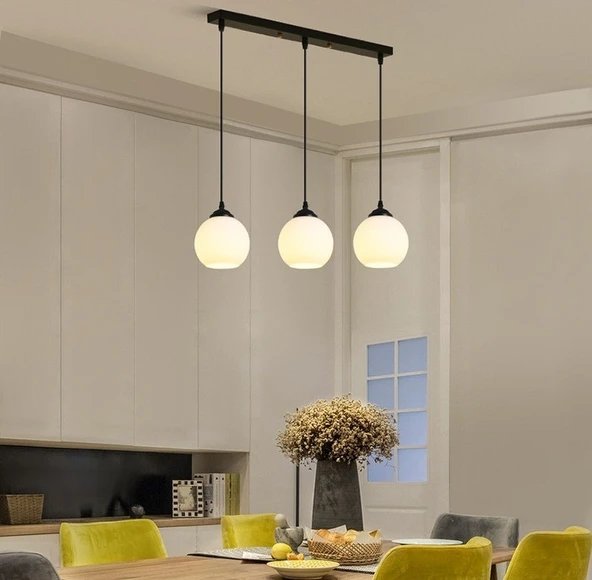 RİOLİGHT MODERN,RETRO,VİNTAGE OPAL CAMLI 3XE27 SIRALI SİYAH METAL GÖVDE MASA ÜSTÜ SARKIT AVİZE ürün görseli 1