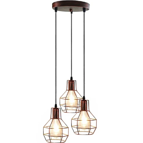 RİOLİGHT VİNTAGE,RETRO,RUSTİK BAKIR FIRÇALI PATİNE 3XE27 KAFES METAL SARKIT AVİZE TABAN ÇAP:30CM ürün görseli 1