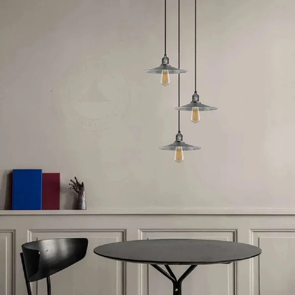 RİOLİGHT VİNTAGE,RUSTİK,RETRO GÜMÜŞ GRİ FIRÇALI PATİNE 3XE27 METAL SARKIT AVİZE TABAN ÇAPI:30CM ürün görseli 1