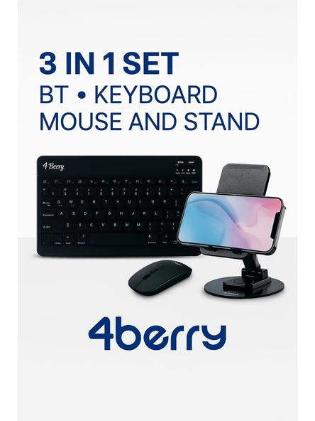4Berry 3’lü Set  Bluetooth Klavye  Kablosuz Mouse  Telefon/Tablet Standı Taşınabilir ve Şık Tasarım ürün görseli 1