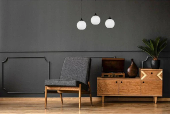 RİOLİGHT MODERN,RETRO1,VİNTAGE OPAL CAMLI 3XE27 SIRALI SİYAH METAL GÖVDE MASA ÜSTÜ SARKIT AVİZE ürün görseli 1