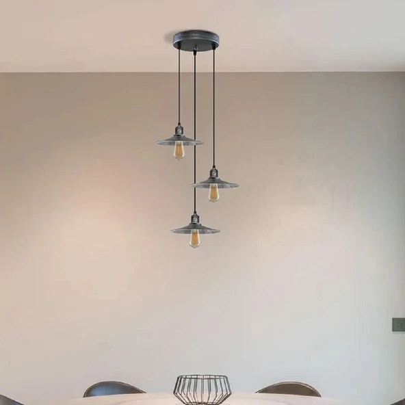 RİOLİGHT RUSTİK1,RETRO1,VİNTAGE1 GÜMÜŞ GRİ FIRÇALI PATİNE 3XE27 METAL SARKIT AVİZE TABAN ÇAPI:30CM ürün görseli 1