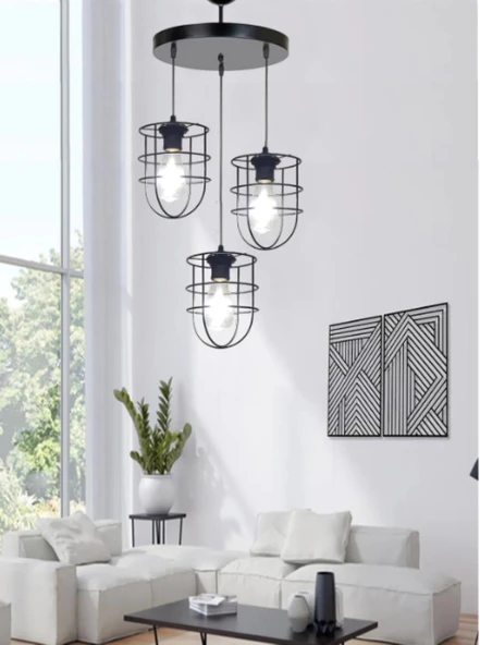 RİOLİGHT RETRO,RUSTİK,VİNTAGE SİYAH KAFES 3XE27 DUYLU METAL SARKIT AVİZE ürün görseli 1