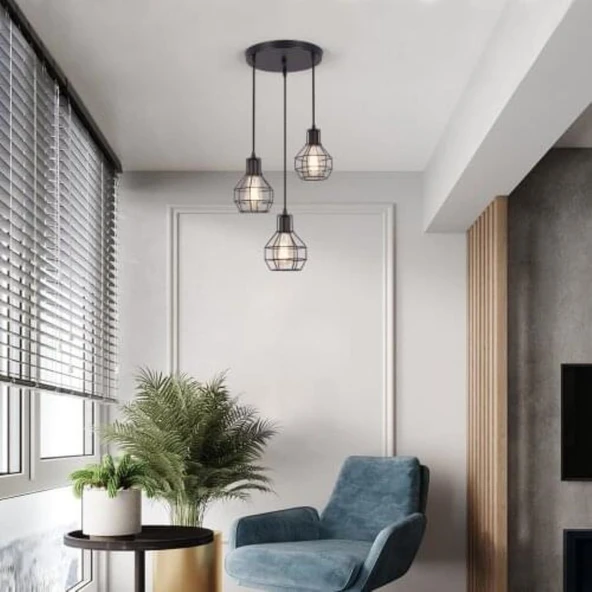 RİOLİGHT RETRO1,RUSTİK,VİNTAGE SİYAH KAFES 3XE27 DUYLU METAL SARKIT AVİZE ürün görseli 1