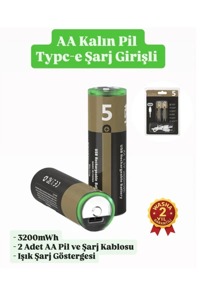Kalın Pil Kalem Pil USB Type-C Kablo ile Şarj Edilebilir Lityum 2'li Kalem Pil 1.5V AA / 3200 mWH ürün görseli 1
