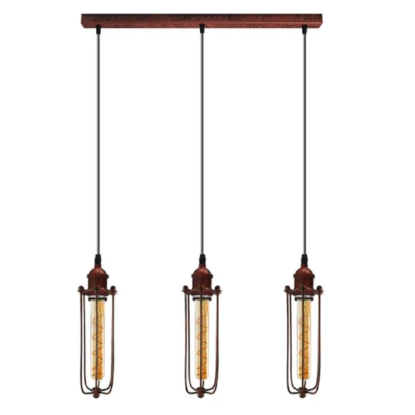 RİOLİGHT VİNTAGE,RETRO,RUSTİK BAKIR FIRÇALI PATİNE 3XE27 KAFES MASA ÜSTÜ SARKIT AVİZE UZUNLUK:60CM ürün görseli 1