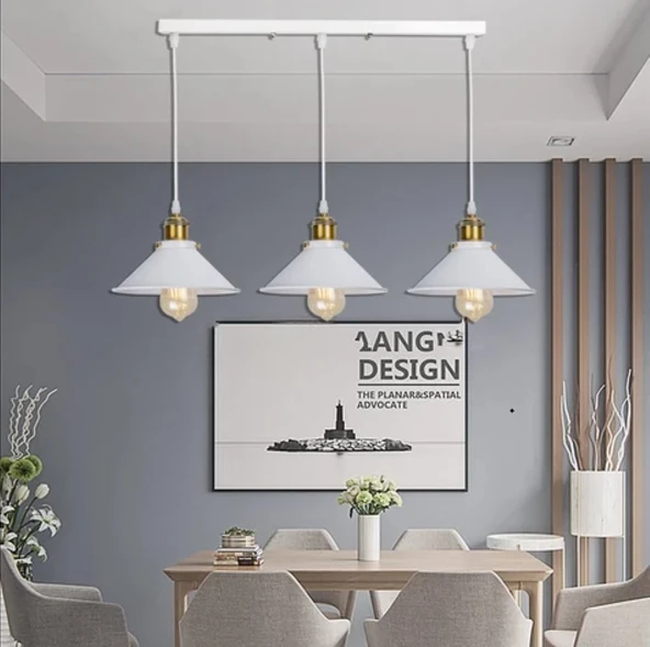 RİOLİGHT RETRO,RUSTİK,VİNTAGE BEYAZ 3XE27 SIRALI MASA ÜSTÜ SARKIT METAL AVİZE UZUNLUK:60CM ürün görseli 1