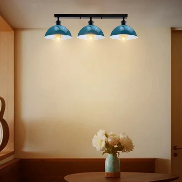 RİOLİHGT VİNTAGE,RETRO,MODERN AÇIK MAVİ BAŞLIK 3XE27 METAL PLOFONYER SIRALI AVİZE TABAN UZUNLUK:60CM ürün görseli 1