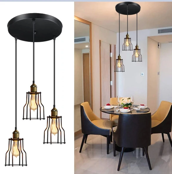 RİOLİGHT RETRO,VİNTAGE,RUSTİK 3XE27 DUYLU KAFES METAL SARKIT AVİZE ÇAP:30CM ürün görseli 1