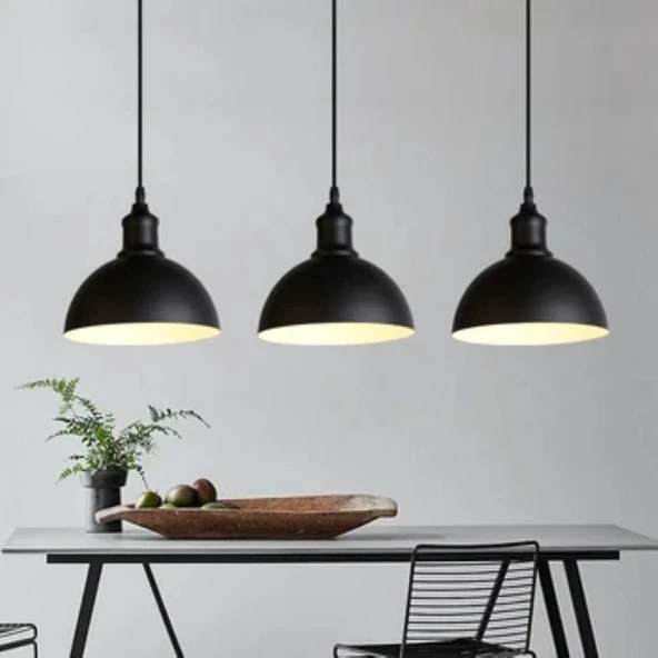 RİOLİGHT RUSTİK,VİNTAGE 3XE27 DUYLU SIRALI MASA ÜSTÜ SİYAH METAL SARKIT AVİZE TABAN ÇAPI:60CM ürün görseli 1