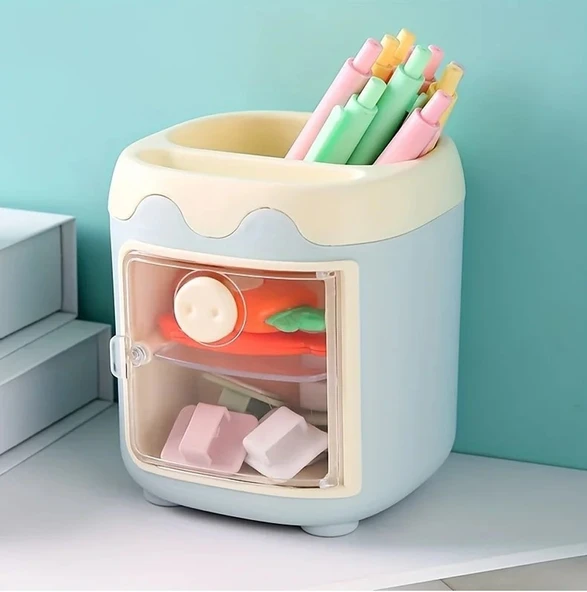 Sevimli Masaüstü Kalemlik Kawaii Kapaklı Mini Dolaplı Kalemlik - Mavi ürün görseli 1