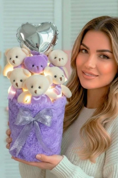 Deluxe Lila Peluş Silindir Kutuda, LED Işıklı Kalpli Balonlu 6’lı Lila Ayıcık Buketi - Sevdiğine Hediye ürün görseli 1