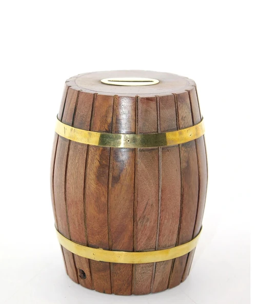Pirinç Ahşap Fıçı Kumbara 12.5 Cm WB535 ürün görseli 1