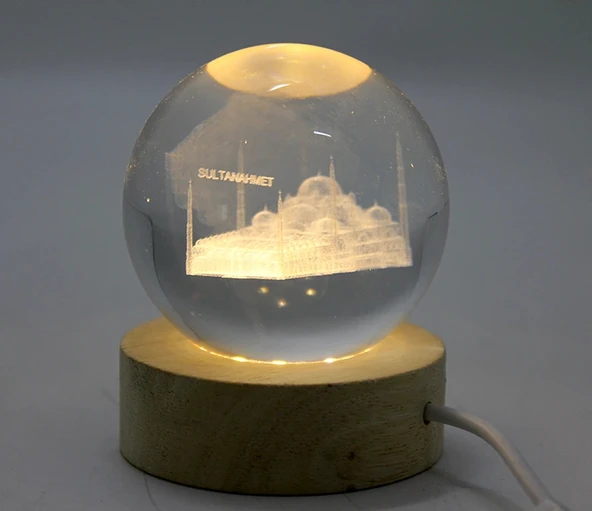 3D Kristal Cam Küre Ahşap Soketli İstanbul Temalı Led Lamba Liv1945 ürün görseli 1