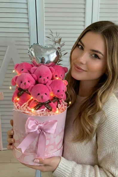 Premium Silindir Kalpli Pembe Kutusunda, Kalpli Balonlu LED Işıklı 6’lı Fuşya Ayıcık Buketi, Sevdiğine Hediye ürün görseli 1