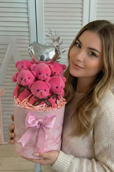 Premium Silindir Kalpli Pembe Kutusunda, Kalpli Balonlu  6’lı Fuşya Ayıcık Buketi, Sevdiğine Hediye ürün görseli 1