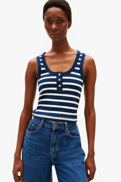Tommy Hilfiger   SLIM HENLEY GB SCOOP-NK TANK TOP Kadın Mavi T-Shirt - WW0WW43920 ürün görseli 1