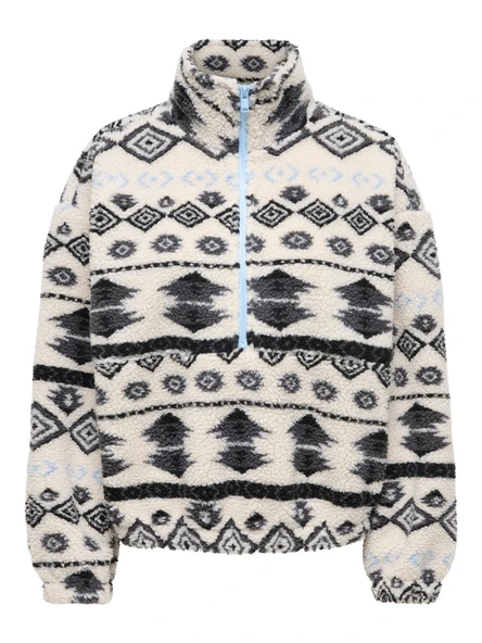 ONLJANNE LIFE AZTEC TEDDY L/S ZIP CC SWT Kadın Gri Sweatshirt - 15267415 ürün görseli 1