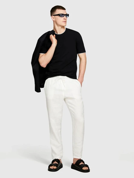 Sisley   %100 Keten Beli Büzgülü İpli Slim Fit Pantolon Erkek Kırık Beyaz Pantolon - 325P4AGHSF043 ürün görseli 1