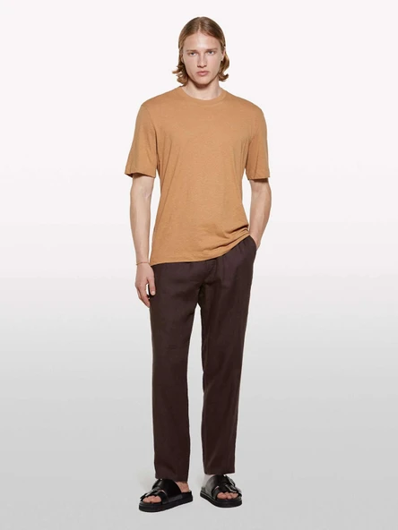 Sisley   %100 Keten Beli Büzgülü İpli Slim Fit Pantolon Erkek kahverengi Pantolon - 325P4AGHSF043 ürün görseli 1