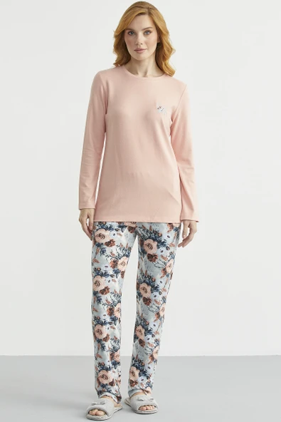 Yumoş Dokulu Desen Kombinli Pijama Takım - Somon ürün görseli 1