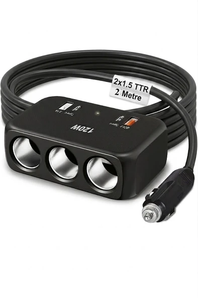 Araç Çakmak Uzatma Kablosu Çakmaklık Çoklayıcı USB,Type-C çıkışlı Hızlı Şarj 12-24V/10A/120W 2 X1,5mm TTR Bakır 2Mt ürün görseli 1