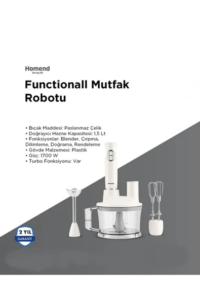 Homend Functionall 2850h Çok Amaçlı Mutfak Robotu Beyaz, Pratik ve Kullanışlı Tasarım ürün görseli 1