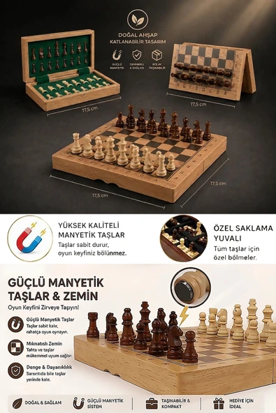 Özel Vernikli Mıknatıs Taşlı Ahşap Katlanabilir Kutulu Satranç Oyunu 17.5 Cm G221 ürün görseli 1