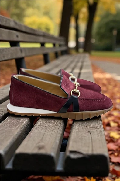 Bordo Hakiki Deri Süet Toka Detay Comfort Taban Spor Loafer ürün görseli 1