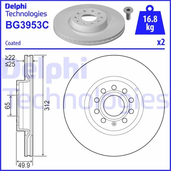 Fren Diski Ön Vw Passat-Golf5-Golf6-Golf7-Caddy-A3-Leon-Ford Connect 23> Çap: 312Mm. Kalınlık: 25Mm Delik: 5 1K0615301AA-VWN3CA 1125 DA ürün görseli 1