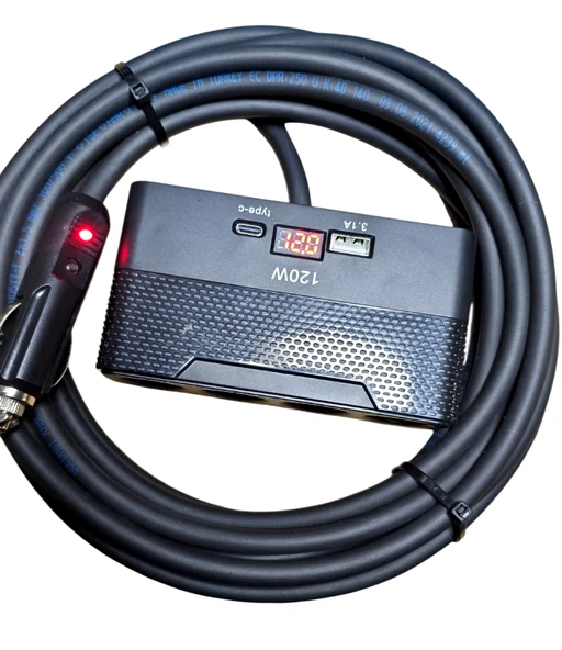 Araç Çakmak Uzatma Kablosu Çakmaklık Çoklayıcı LCD Ekranlı USB, Type-C çıkışlı 12V/10A/120W 2 X1,5mm TTR Bakır 5Mt-YTOT733 ürün görseli 1