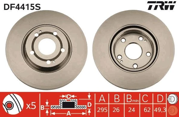 Ön Fren Diski Hava Kanallı Toyota Corolla Verso 2.2L 2Adftv Aur10 04-09 / 1.8L 1Zz-Fe Verso Znr11 04-> / 1.6L 3Zz-Fe Znr10 Verso 04-09 295 Çap X 5 Bijon - Takım Disk Fiyatıdır 435120F010-4351205080 ürün görseli 1