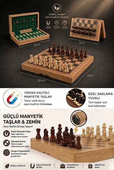 Özel Vernikli Mıknatıs Taşlı Ahşap Katlanabilir Kutulu Satranç Oyunu 25 Cm G222 ürün görseli 1
