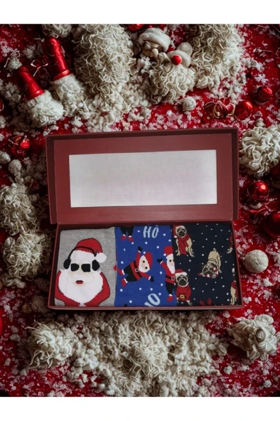 Christmas Socks Yılbaşı desenli Unisex Yetişkin 3'lü Çorap Hediye Seti ürün görseli 1